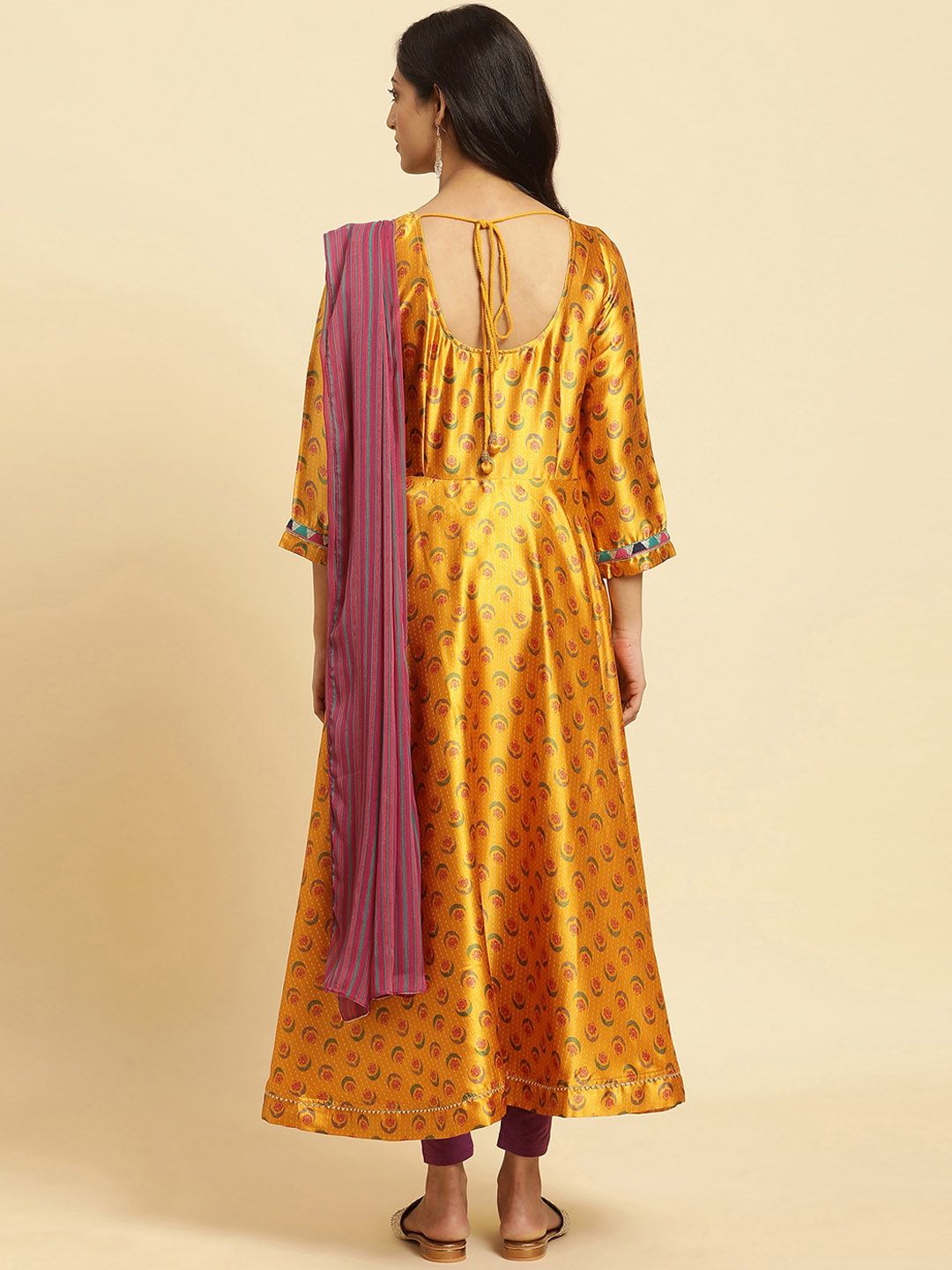 W Yellow Ethnic Motifs Printed Regular Sequinned Kurta With Leggings And Dupatta