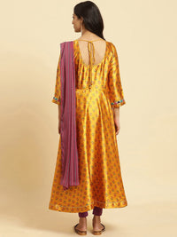 W Yellow Ethnic Motifs Printed Regular Sequinned Kurta With Leggings And Dupatta