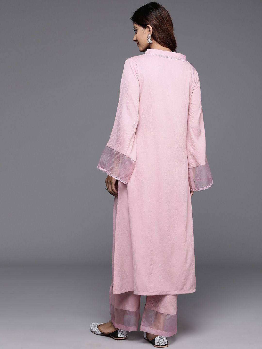 Varanga Pink Flared Sleeve Organza detailed Solid Kurta & Palazzo