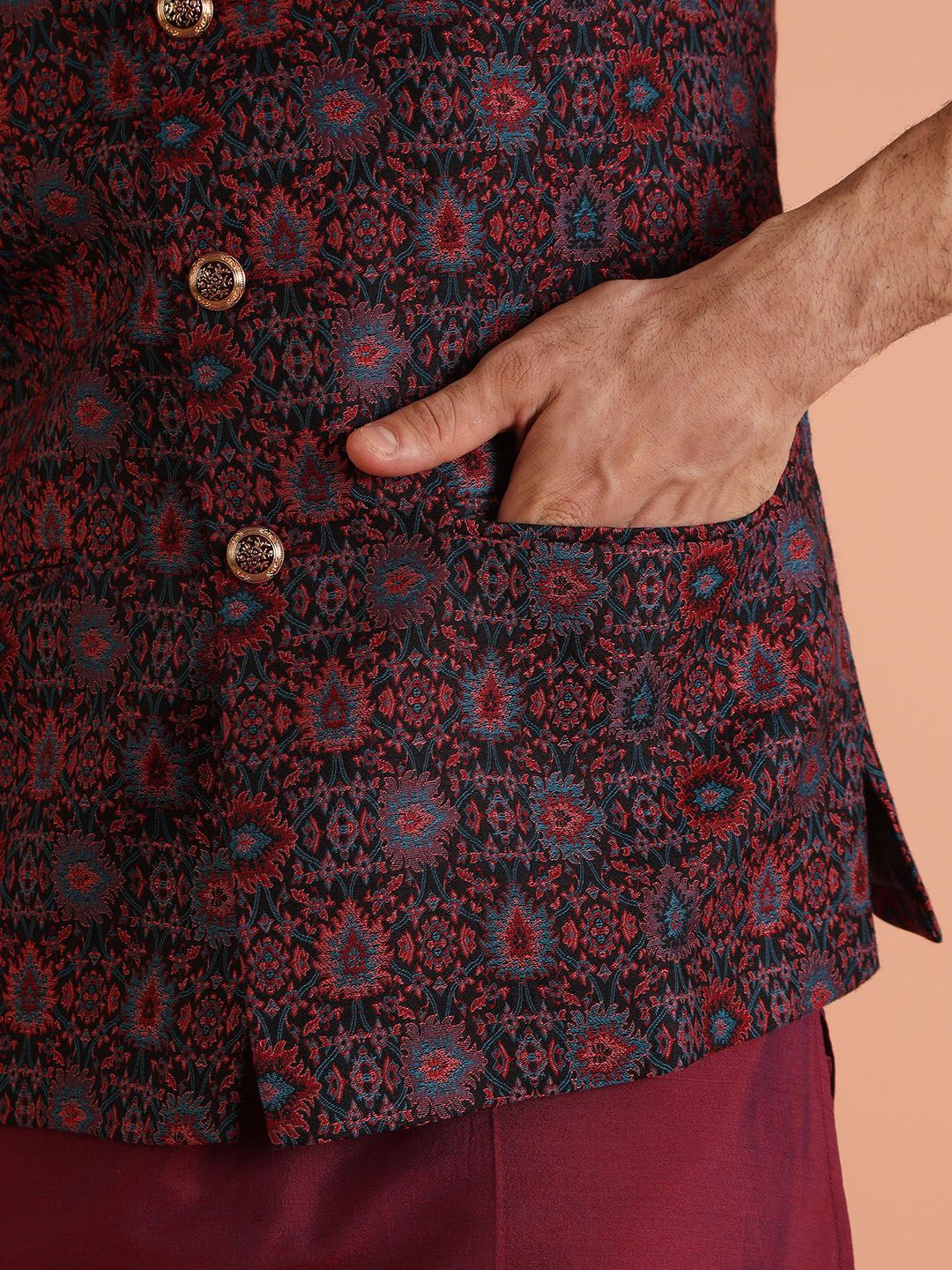 KISAH Men Woven Jacquard Zari  Regular Fit Nehru Jacket