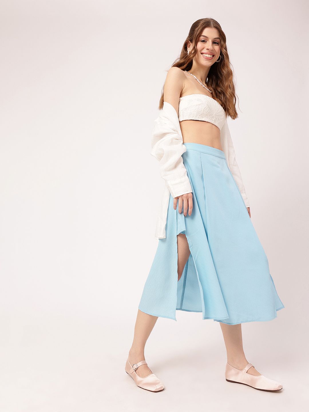 Playful Feminine Seersucker Side Slit A-Line Midi Skirt