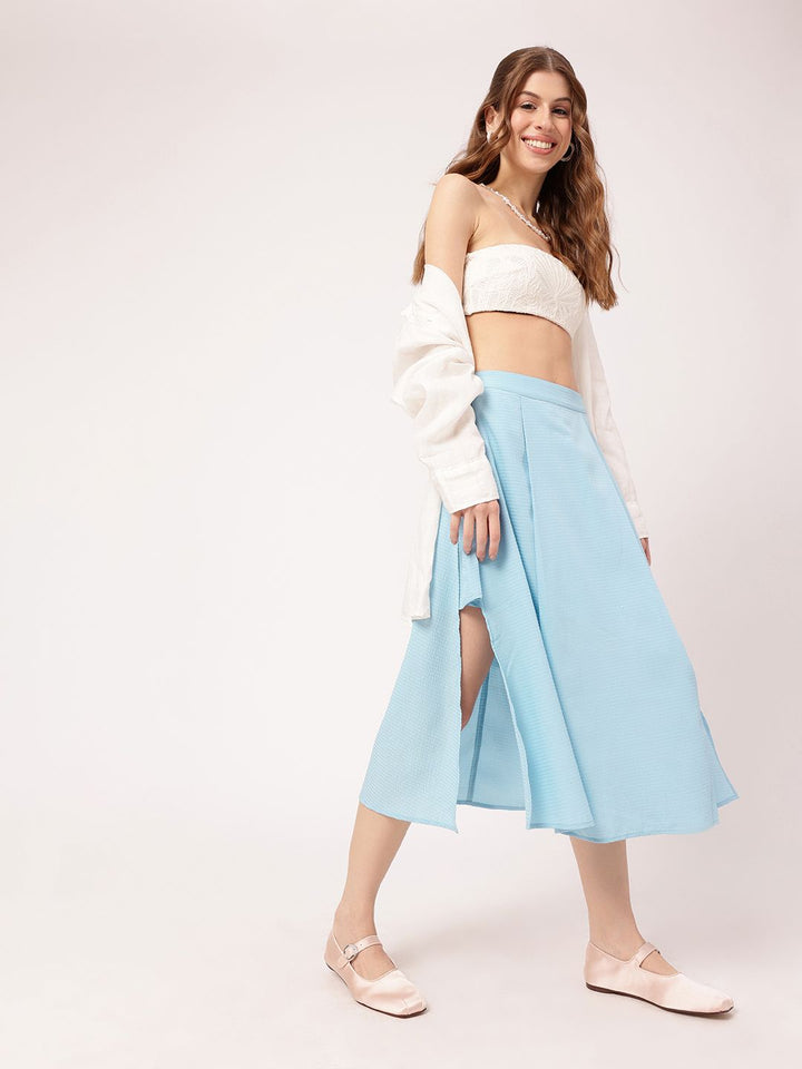 Playful Feminine Seersucker Side Slit A-Line Midi Skirt