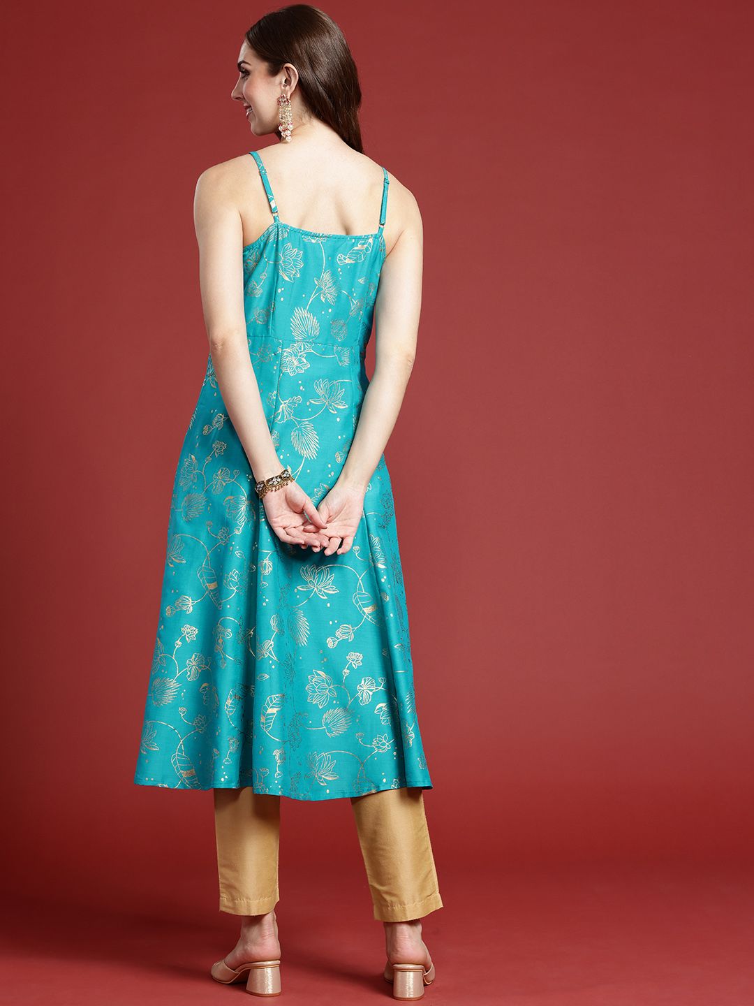Anouk Shoulder Straps Gotta Patti Detail Floral Printed A-Line Kurta