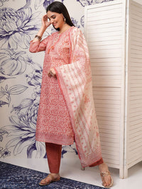 Vishudh Pink Paisley Printed Regular Pure Cotton Kurta with Trouser & Dupatta