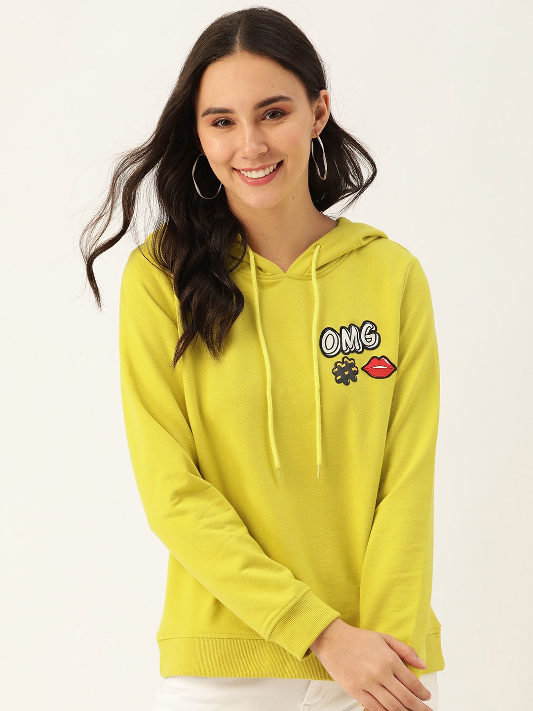 DressBerry Women Lime Green Solid Hooded Sweatshirt