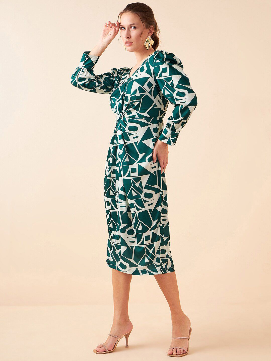 Antheaa Green Geometric Printed V-Neck Sheath Midi Dress