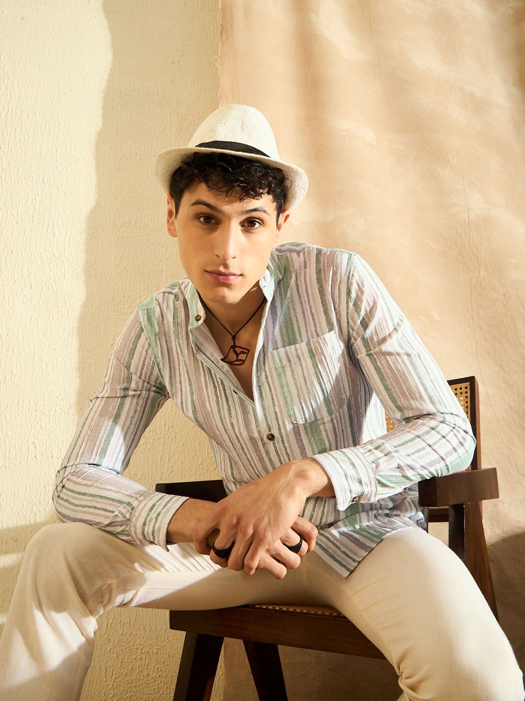 DENNISON Smart Striped Band Collar Casual Shirt