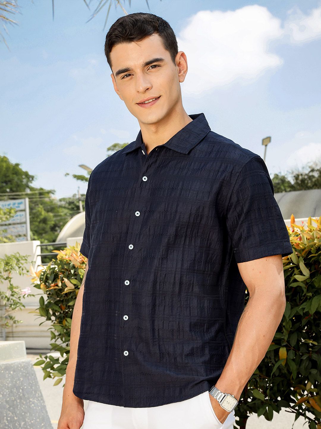 Thomas Scott Men Smart Slim Fit Horizontal Stripes Opaque Casual Shirt