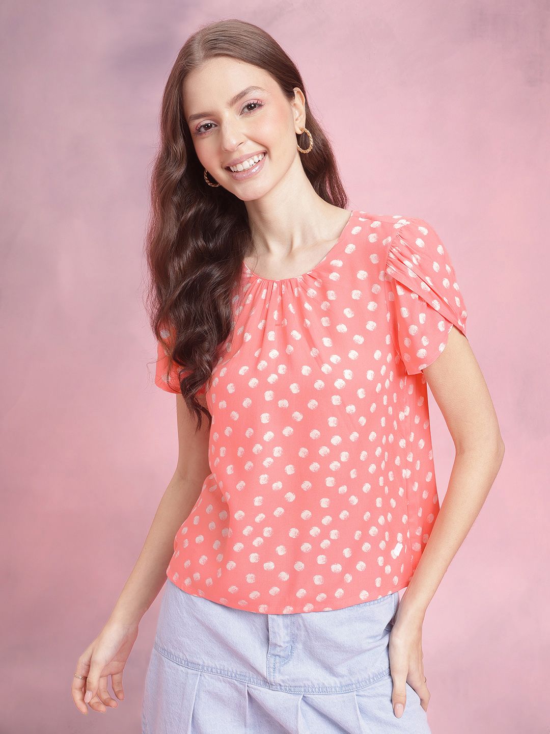 DressBerry Polka Dot Print Gather Detail Puff Sleeve A-Line Top