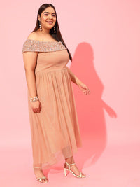 CURVY STREET Peach Plus Size Embellished Net Dress