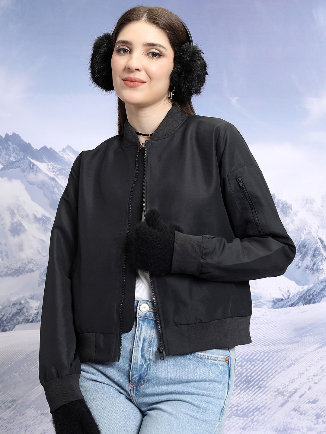 Tokyo Talkies Mandarin Collar Zip Detail Crop Bomber Jacket