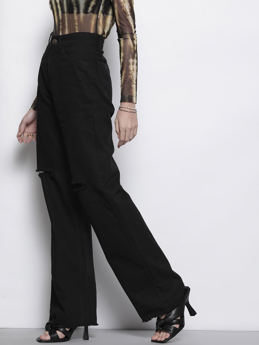 SASSAFRAS Black Comfort Straight Fit High-Rise Cotton Slash Knee Jeans