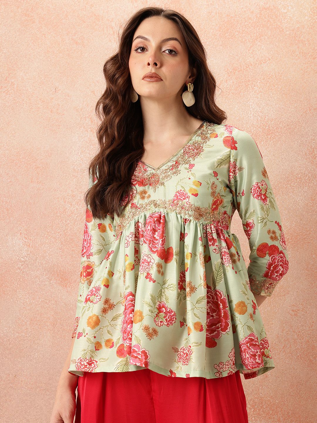 all about you Ethnic Motifs Printed Zari Work Pleated A-Line Kurti