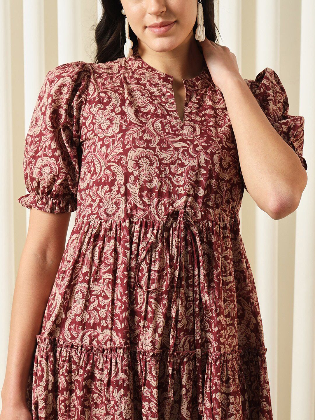 KALINI Floral Printed Mandarin Collar Puff Sleeves Cotton Fit and Flare Dress