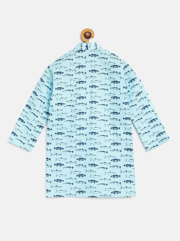 SOJANYA Boys Blue Shark Print Kurta Kapas Lurus