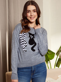 Berrylush Grey & Black Graphic Printed Acrylic Pullover Sweater