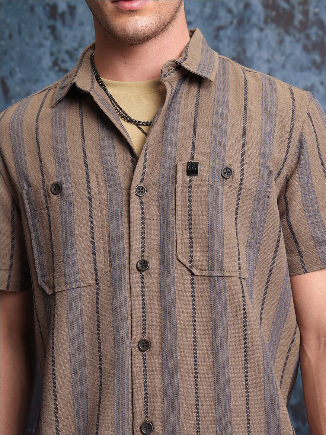 Locomotive Men Brown Mock Lino Dobby Textured Striped Utility Pocket Regular Shirt