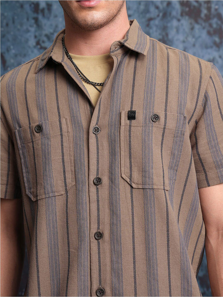 Locomotive Men Brown Mock Lino Dobby Textured Striped Utility Pocket Regular Shirt
