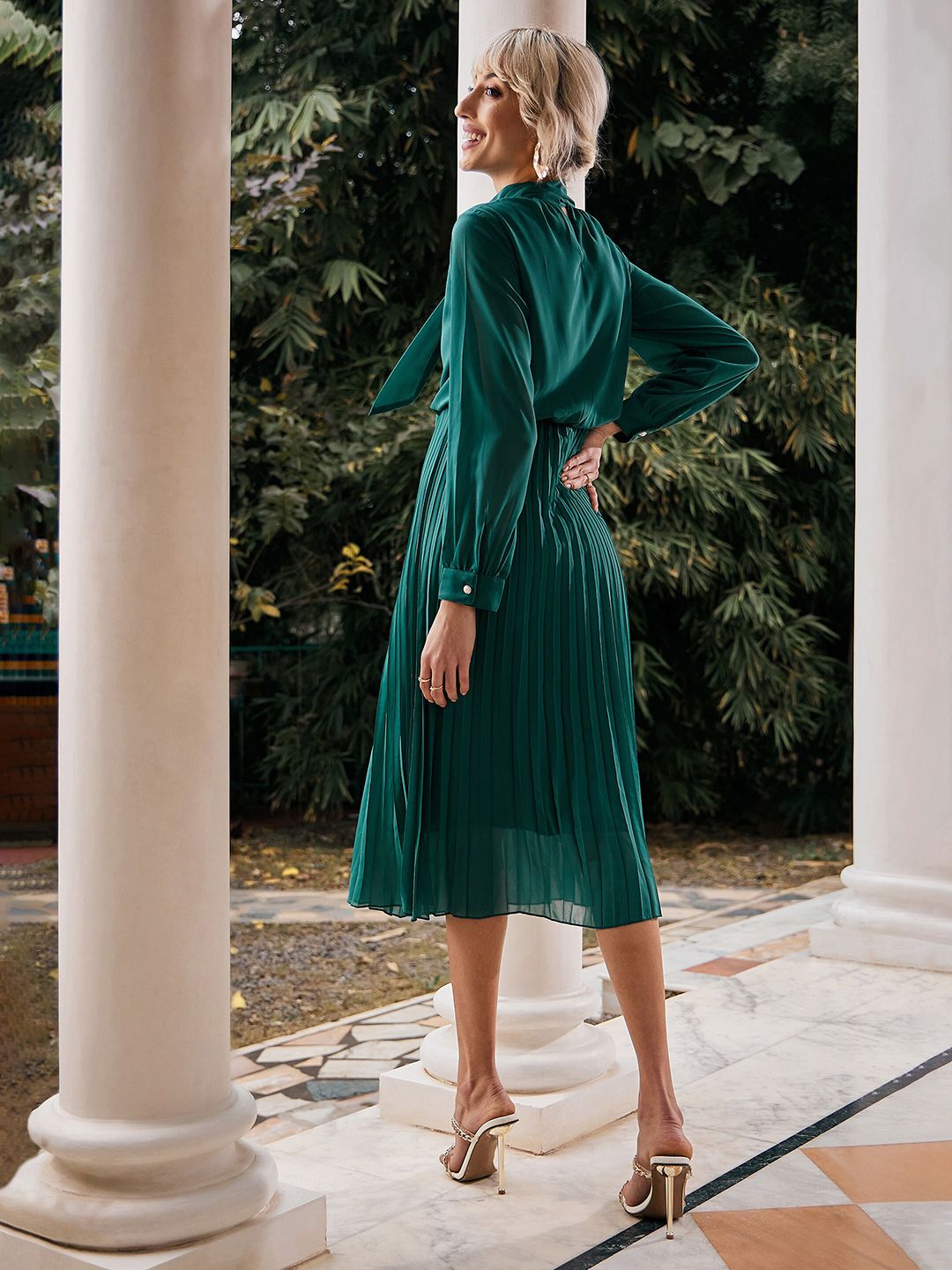 SASSAFRAS Tie-Up Neck Accordion Pleated Georgette A-Line Midi Dress