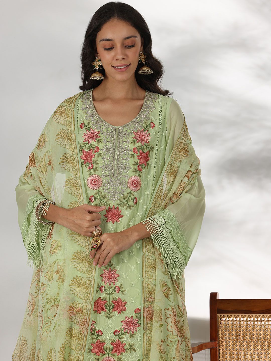 Libas Floral Embroidered Thread Work Straight Kurta with Trousers & Dupatta