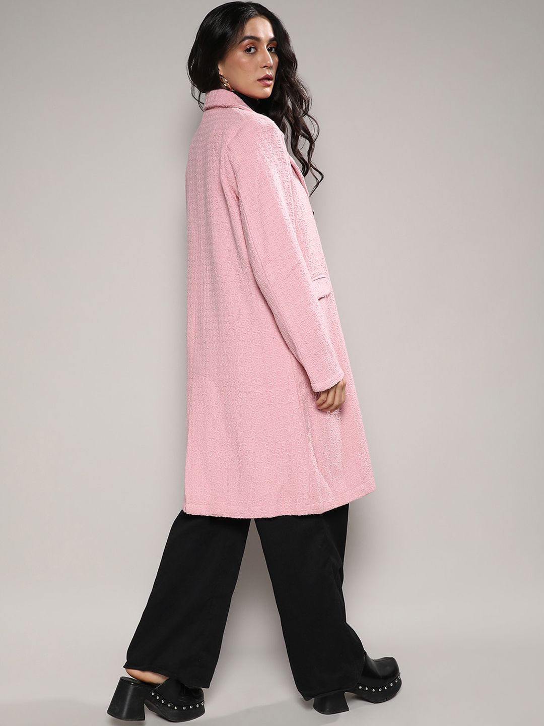 Campus Sutra Pink Self Design Notched Lapel Collar Longline Trench Coat