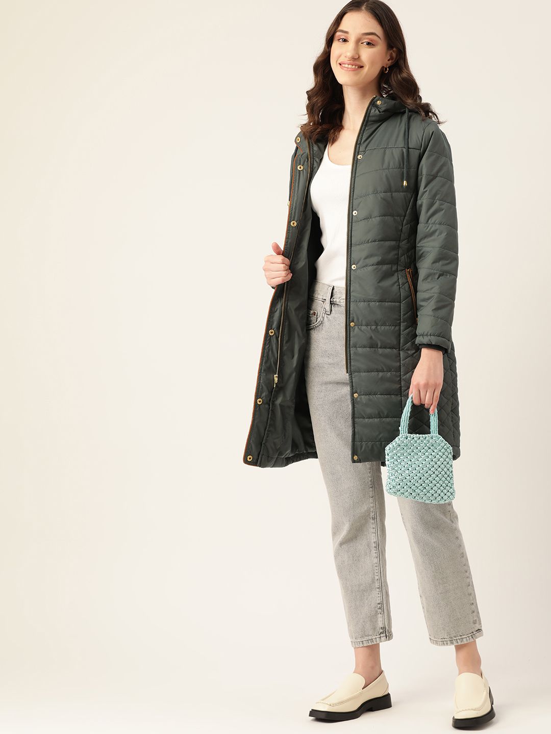DressBerry Women Olive Green Quilted Longline Hooded Parka Jacket