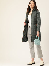 DressBerry Women Olive Green Quilted Longline Hooded Parka Jacket