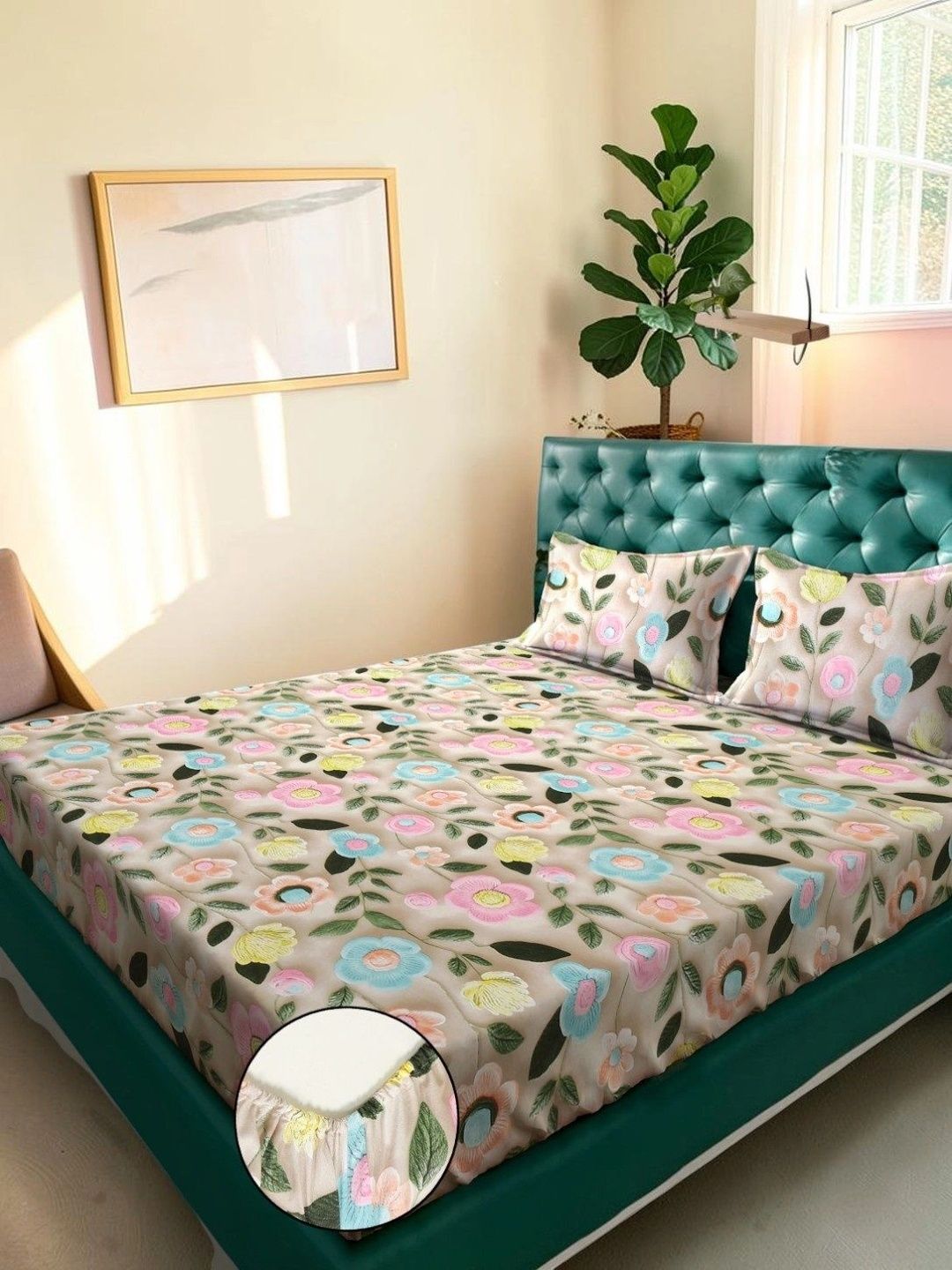 Moda Rapido X KLOTTHE Beige & Pink Floral 300 TC King Bedsheet with 2 Pillow Covers