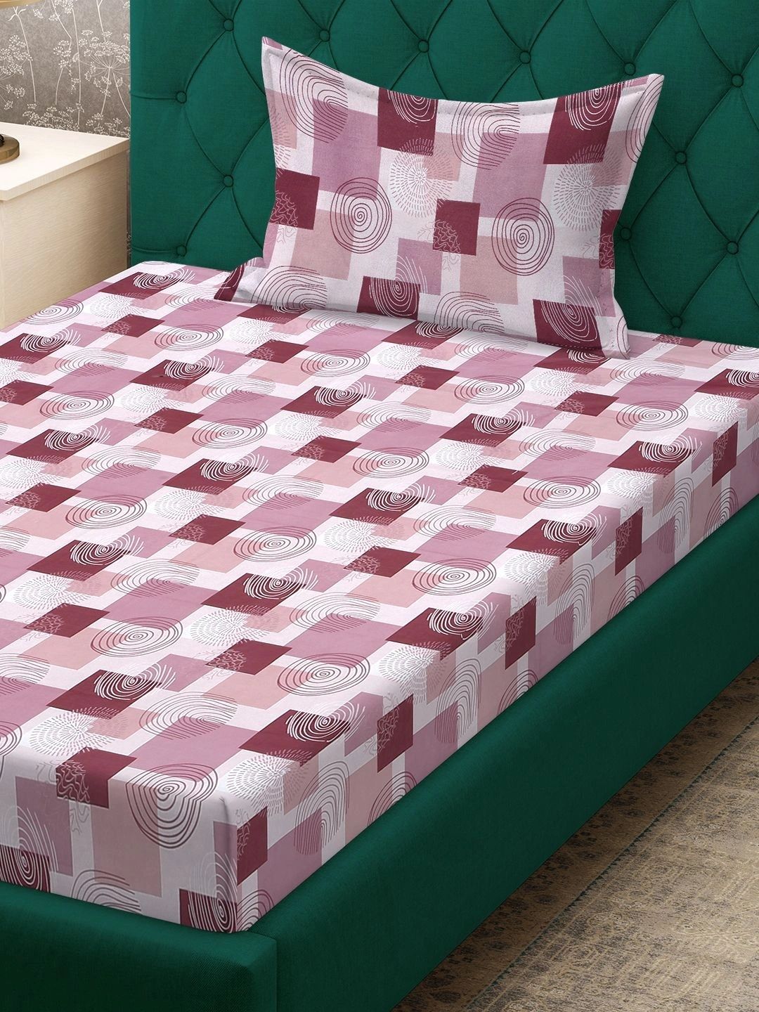 Myntra Elegant Homes Pink Geometric 400 TC Single Bedsheet with 1 Pillow Covers