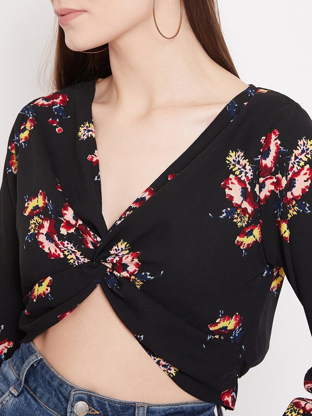 Berrylush Black & Red Floral Bishop Sleeves Crepe Wrap Crop Top