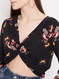 Berrylush Black & Red Floral Bishop Sleeves Crepe Wrap Crop Top