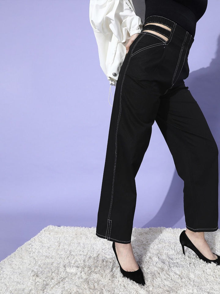 STREET 9 Women Stylish Black Solid High-Rise Trousers