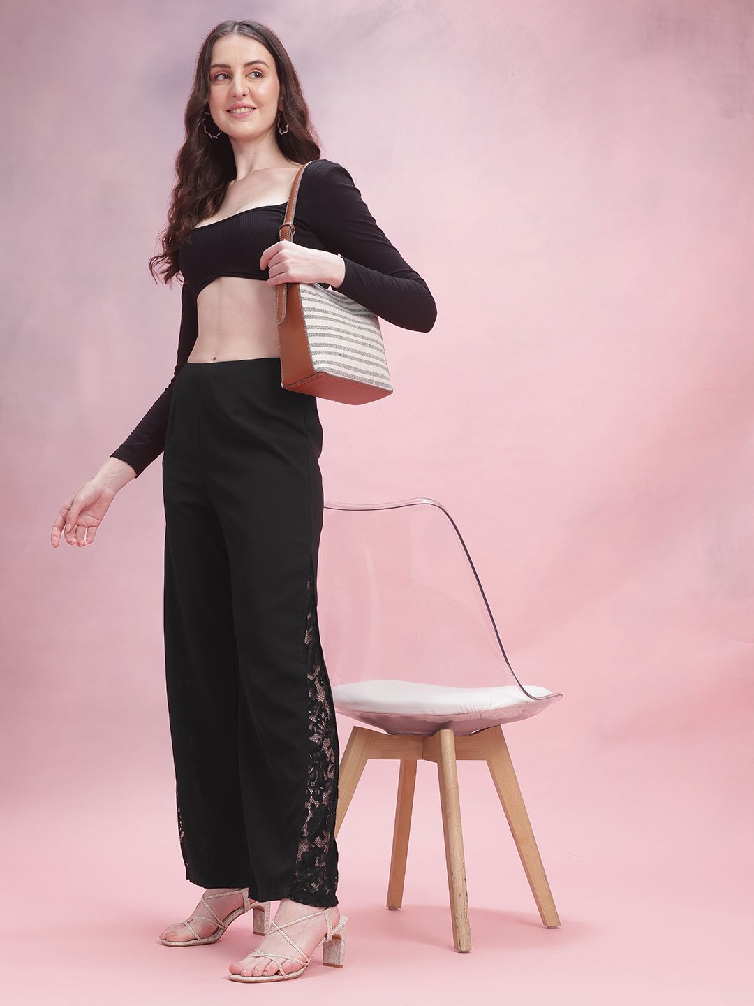 DressBerry Women Flared Trousers with Lace-Detail