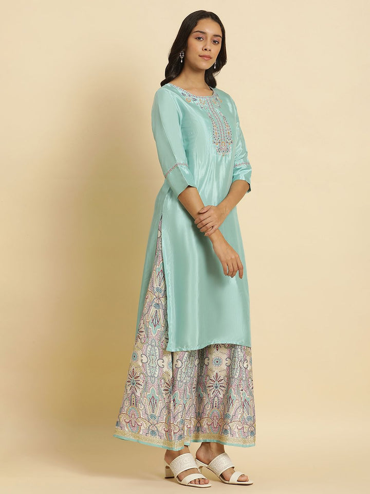 W Blue Ethnic Motifs Yoke Design Sequinned Kurta
