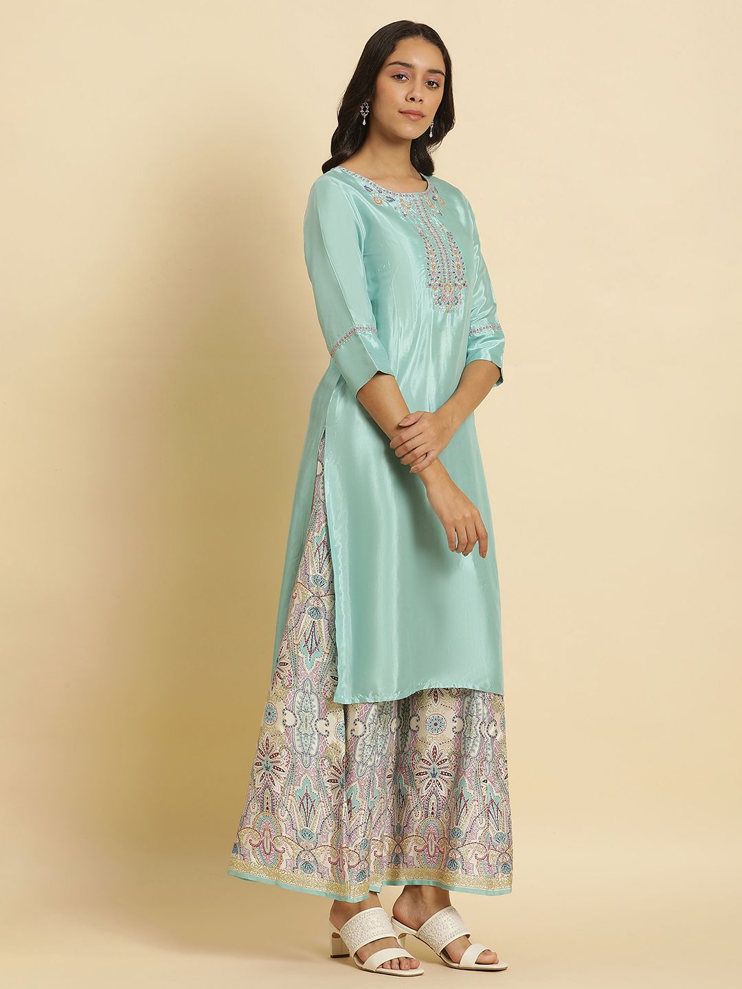 W Blue Ethnic Motifs Yoke Design Sequinned Kurta