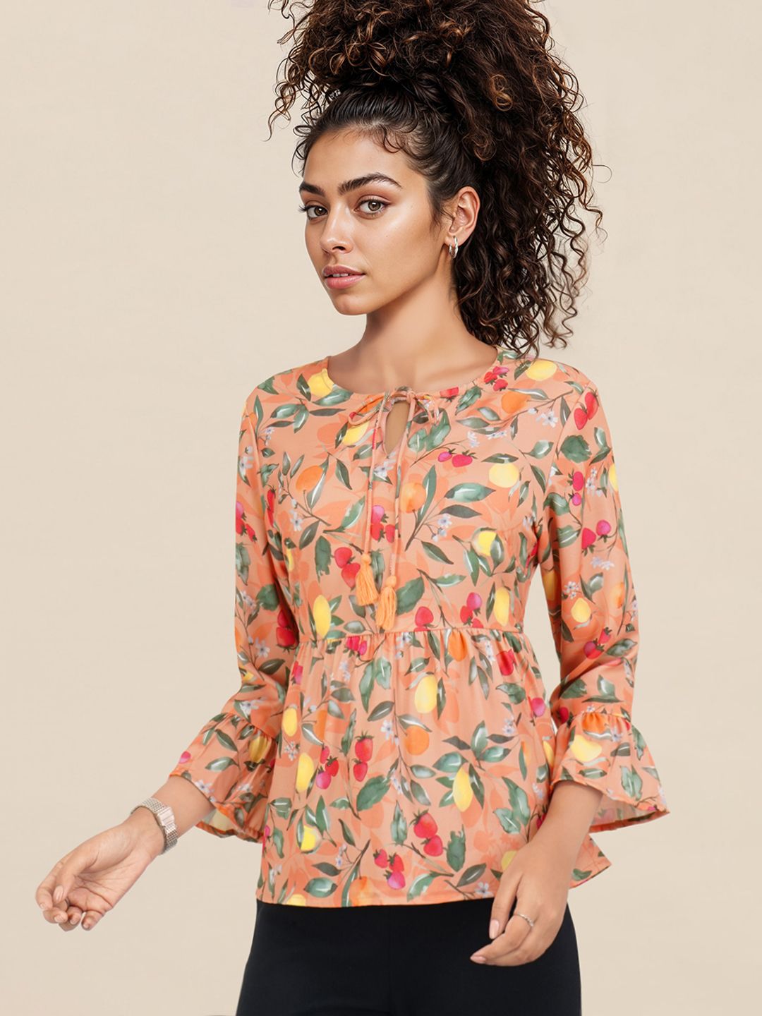 DressBerry Floral Printed Tie-Up Neck Bell Sleeve Peplum Top