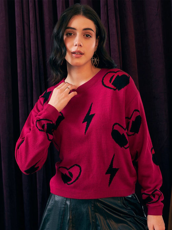 Berrylush Pink Graphic Printed Acrylic Sweater