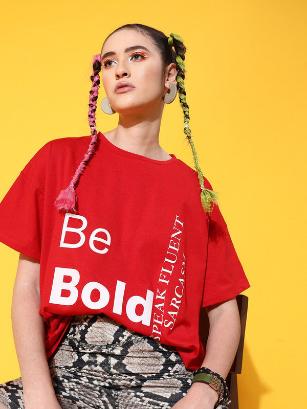 STREET 9 Women Red Printed Cotton Drop-Shoulder Sleeves Bio Finish T-shirt