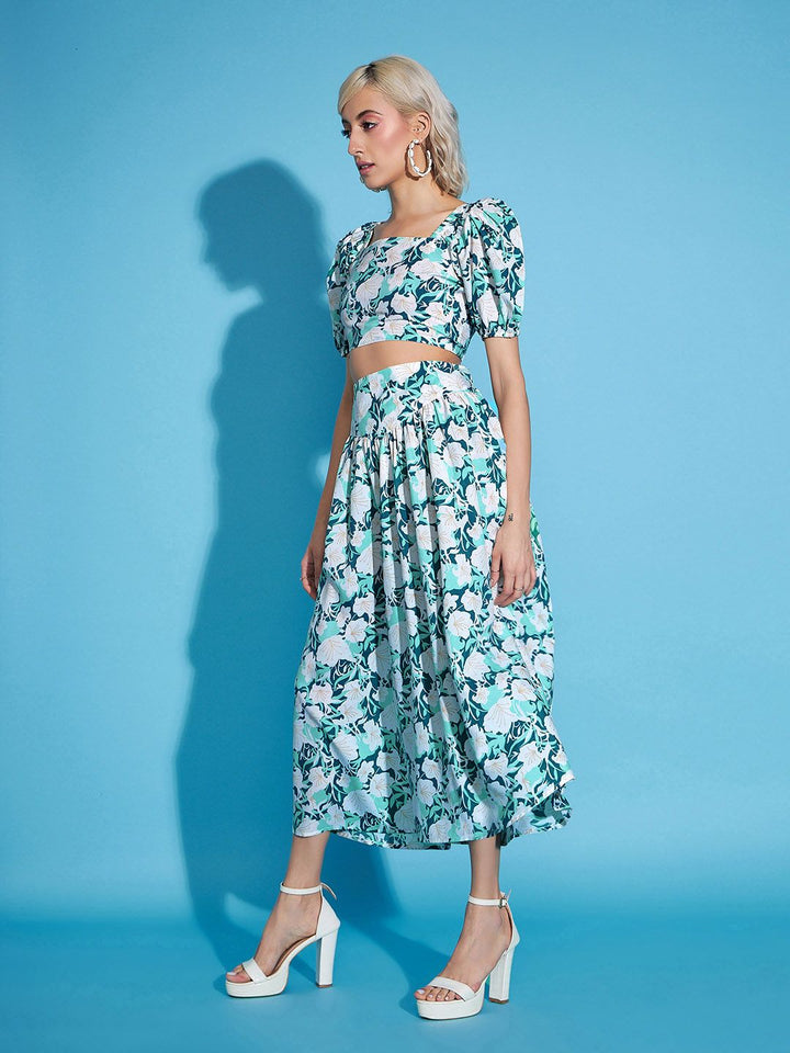 SASSAFRAS White Floral Crop Top With Flared Skirt