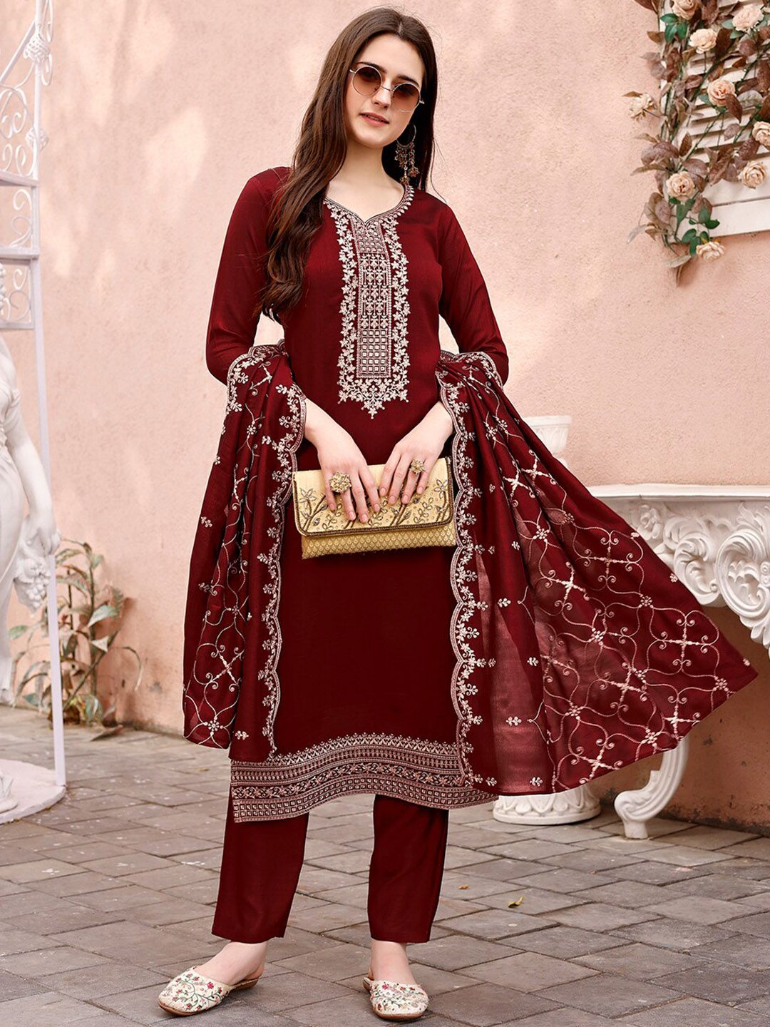 KALINI Floral Embroidered Sequinned Kurta With Trousers & Dupatta