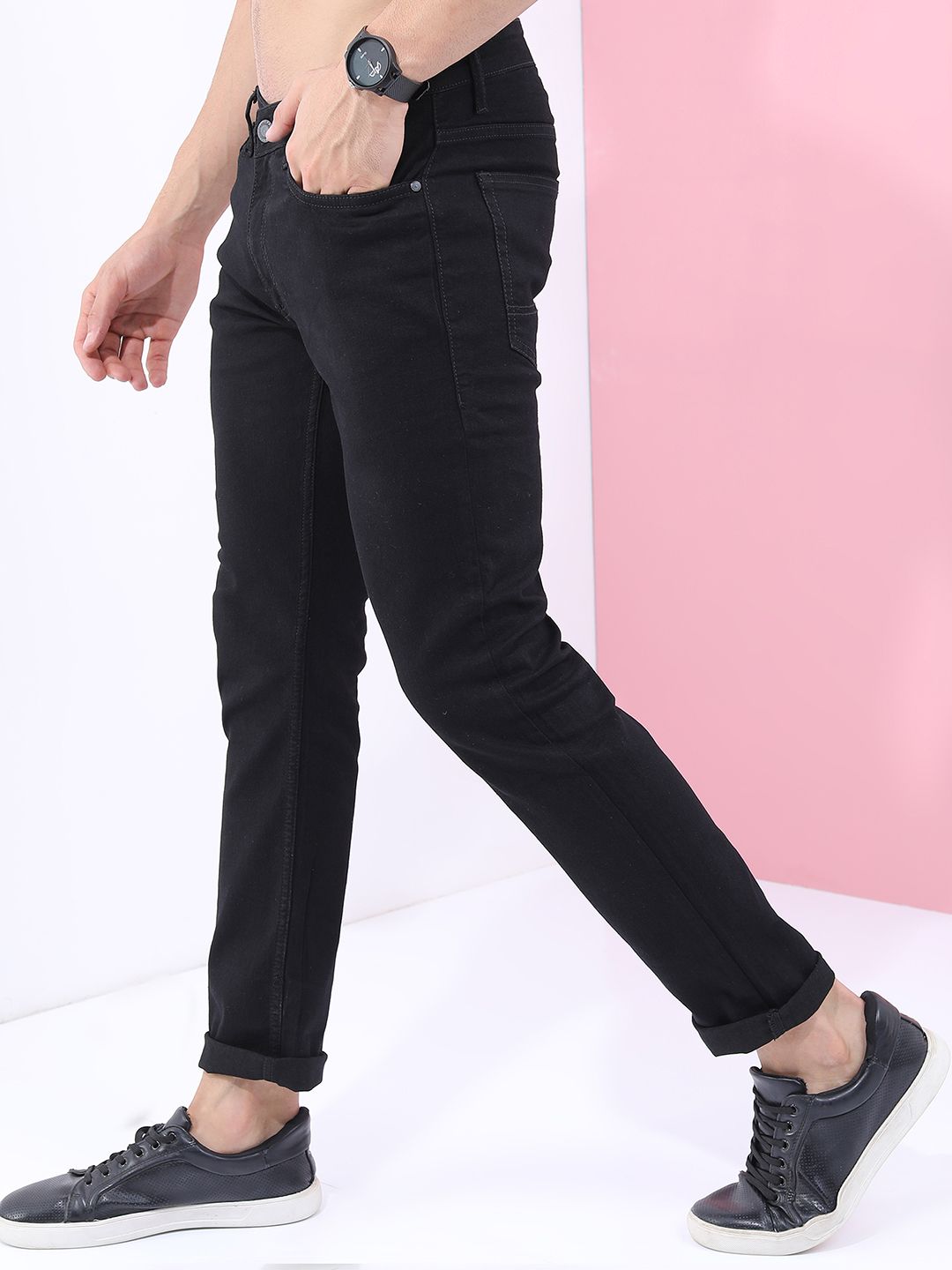 Highlander Men Black Black Slim Fit seluar jeans