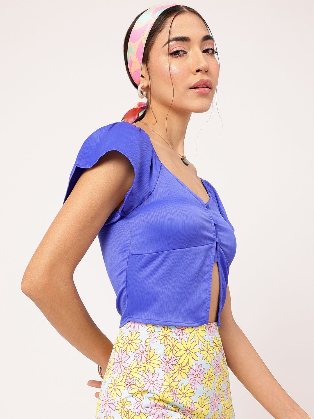 DressBerry Glossy Vibes Smocked Front-Slit Crop Top