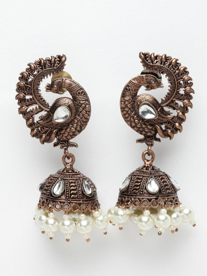 PANASH Antik Antik Saduran Tembaga Peacock Jhumka Anting dengan Kundan dan Titisan Mutiara
