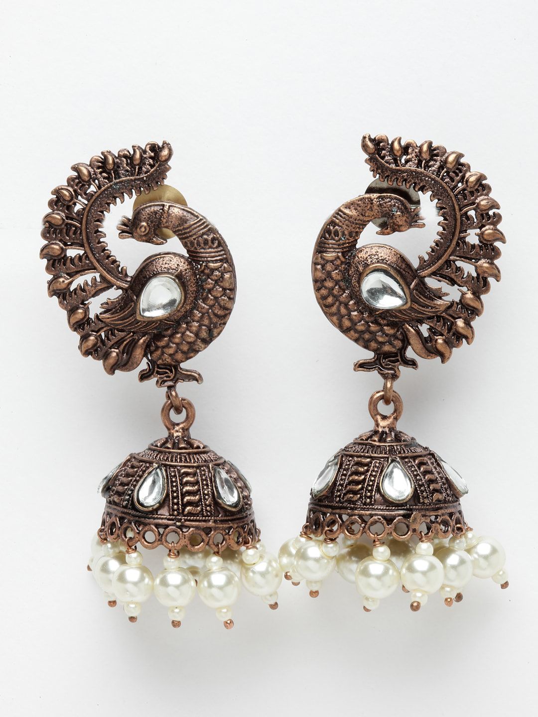 PANASH Antik Antik Saduran Tembaga Peacock Jhumka Anting dengan Kundan dan Titisan Mutiara