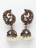 PANASH Antik Antik Saduran Tembaga Peacock Jhumka Anting dengan Kundan dan Titisan Mutiara