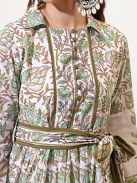 Vishudh Green Floral Printed Puff Sleeve Tie-Ups Fit & Flare Dress With Belt