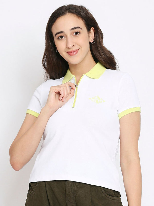 Being Human Women White & Yellow Solid Polo Collar  T-shirt