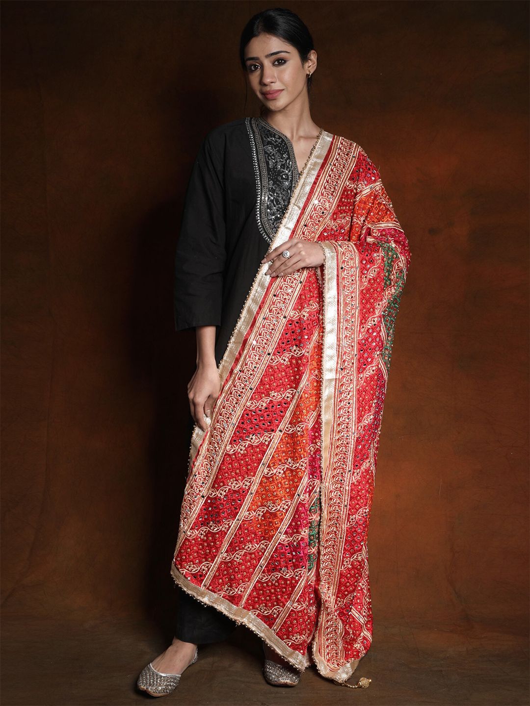 Exotic India True Red Phulkari Mirror Embroidered Silk Dupatta and Gotapatti Border