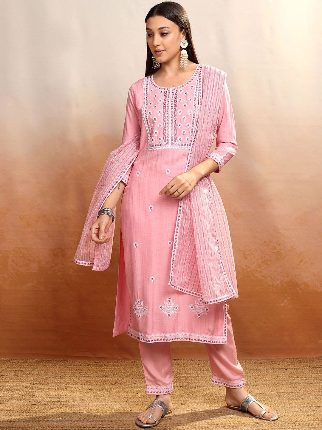 Vishudh Pink Floral Embroidered Straight Kurta with Trousers & Dupatta