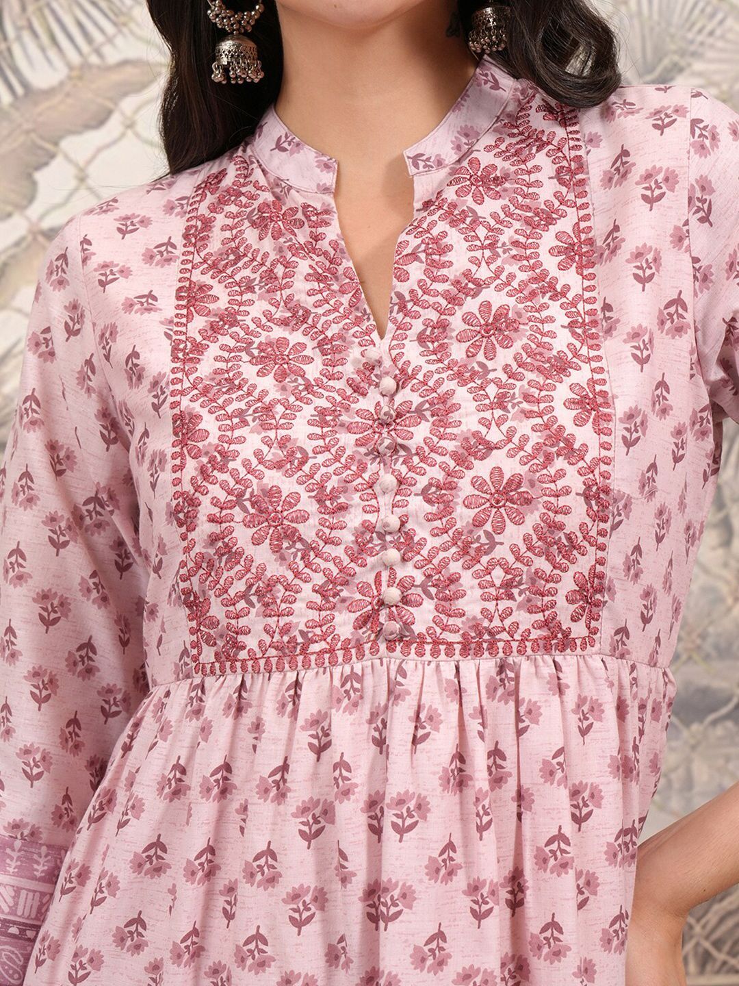 Vishudh Pink Ethnic Motifs Printed Mandarin Collar Fit and Flare Midi Ethnic Dress